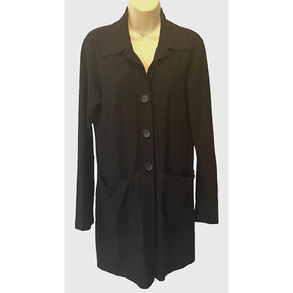 Eileen Fisher Black Stretch Buttons Long Jacket Cardigan - Made in USA - Picture 1 of 8